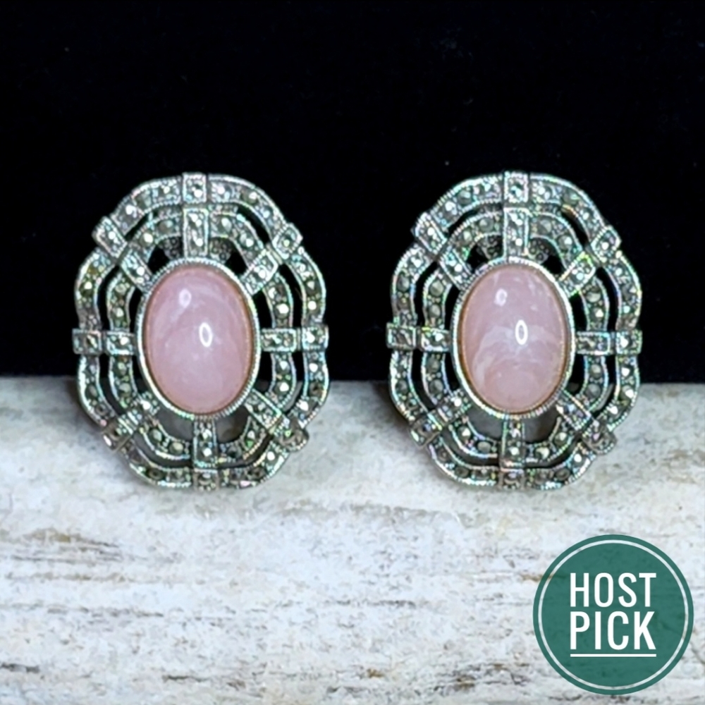 🎉HP🎉 Vintage Rose Quartz and Marcasite Oval Clip on Earrings